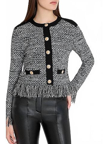 Milly Textured Fringe Cardigan Jacket in Black/Gold Multi (view 2)