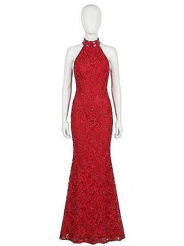 Rachel Allan Floral Lace Mermaid Gown in Red (view 1)
