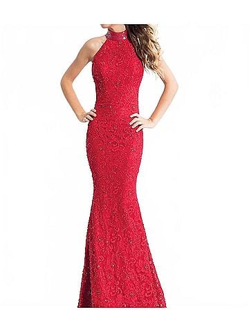 Rachel Allan Floral Lace Mermaid Gown in Red (view 2)