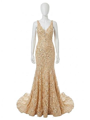 Rachel Allan Beaded Lace Prom Gown in Champagne (view 1)