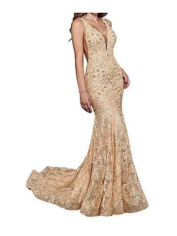 Rachel Allan Beaded Lace Prom Gown in Champagne (view 2)