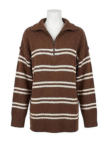 Promesa U.S.A. Striped Knit Quarter-Zip Sweater in Brown (view 1)