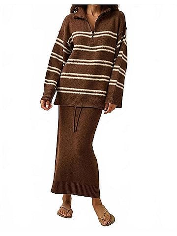 Promesa U.S.A. Striped Knit Quarter-Zip Sweater in Brown (view 2)
