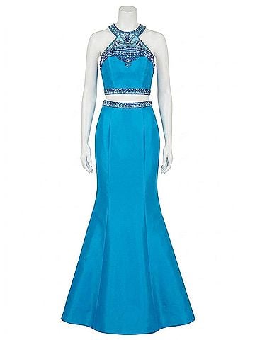 Rachel Allan Mikado Two-Piece Mermaid Gown in Ocean (view 1)