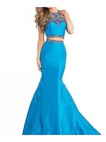 Rachel Allan Mikado Two-Piece Mermaid Gown in Ocean (view 2)