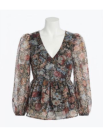 Promesa U.S.A. Floral Print Organza Puff-Sleeve Peplum Top in Multi (view 1)
