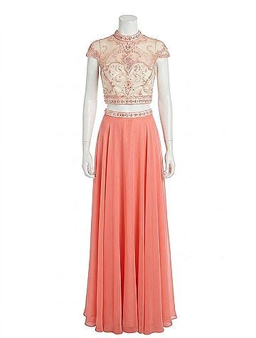 Rachel Allan Two-Piece Embellished Chiffon Gown in Coral (view 1)