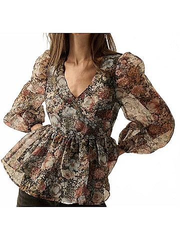 Promesa U.S.A. Floral Print Organza Puff-Sleeve Peplum Top in Multi (view 2)
