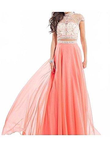 Rachel Allan Two-Piece Embellished Chiffon Gown in Coral (view 2)
