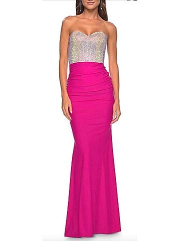 La Femme Strapless Gown With Beaded Top in Fuchsia (view 2)