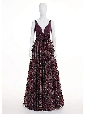 Rachel Allan Floral Sequin Satin Prom Gown in Black Cherry (view 1)