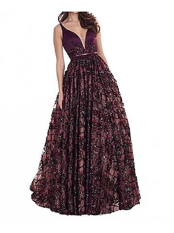 Rachel Allan Floral Sequin Satin Prom Gown in Black Cherry (view 2)