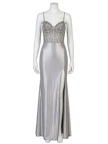 La Femme Beaded Satin Gown in Silver (view 1)