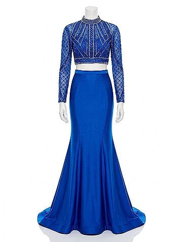 Rachel Allan Long Sleeve Lycra Jersey Two-Piece Beaded Prom Gown in Royal (view 1)