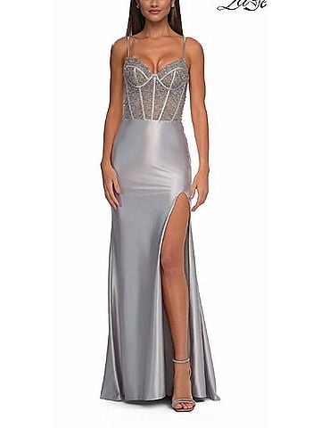 La Femme Beaded Satin Gown in Silver (view 2)