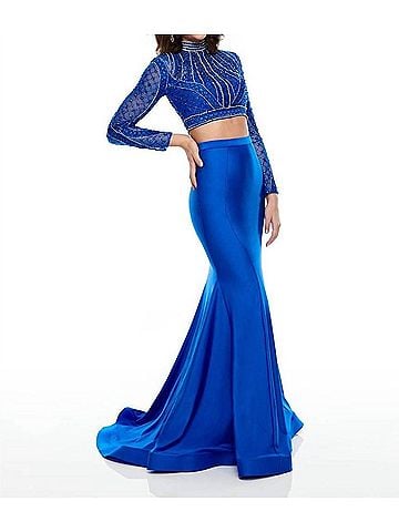 Rachel Allan Long Sleeve Lycra Jersey Two-Piece Beaded Prom Gown in Royal (view 2)