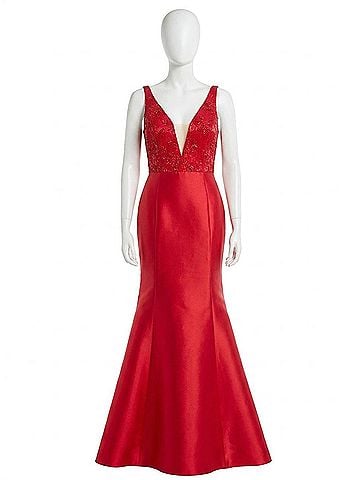 Rachel Allan Deep V-Neck Mikado Mermaid Gown in Red (view 1)