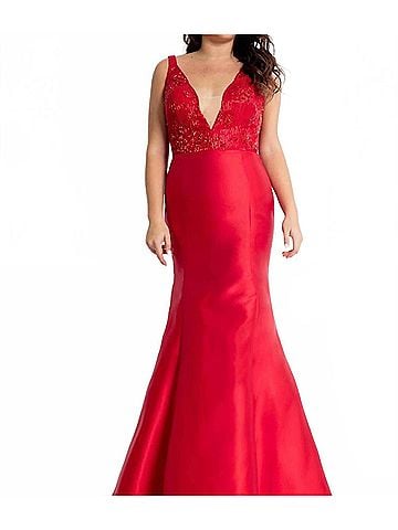 Rachel Allan Deep V-Neck Mikado Mermaid Gown in Red (view 2)