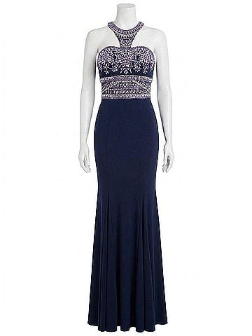 Rachel Allan Halter Neck Beaded Jersey Prom Gown in Navy (view 1)