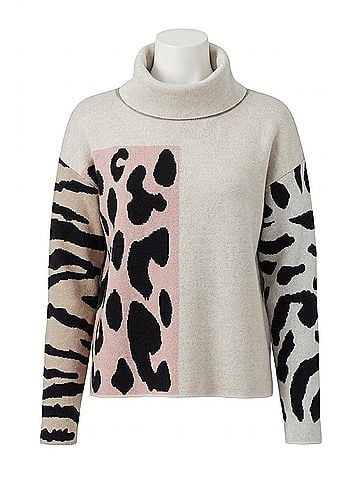 Tribal Claire Color Block Cowl Neck Sweater in Dusty Lilac, Black And White. (view 1)