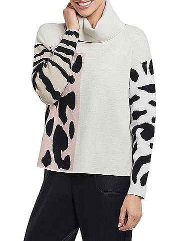Tribal Claire Color Block Cowl Neck Sweater in Dusty Lilac, Black And White. (view 2)
