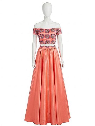 Rachel Allan Matte Satin Beaded Bodice Two-Piece Prom Gown in Coral (view 1)