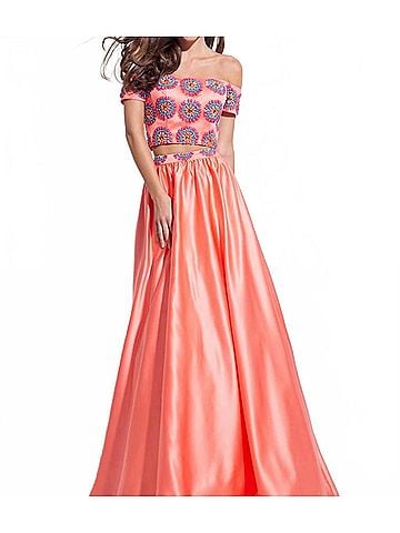 Rachel Allan Matte Satin Beaded Bodice Two-Piece Prom Gown in Coral (view 2)
