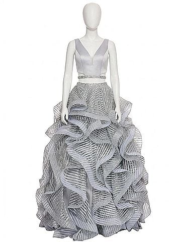 Rachel Allan Two-Piece Matte Satin Ruffled Gown in Silver (view 1)