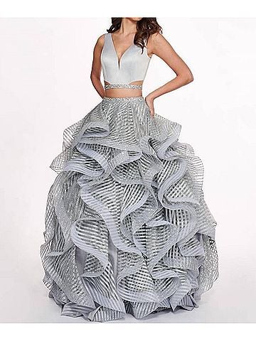 Rachel Allan Two-Piece Matte Satin Ruffled Gown in Silver (view 2)