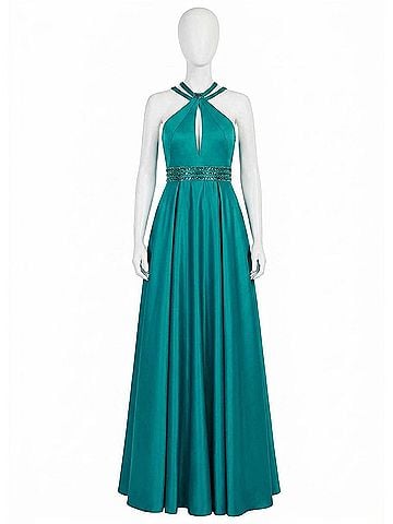 Rachel Allan Matte Satin Halter Neck Prom Gown in Jade (view 1)