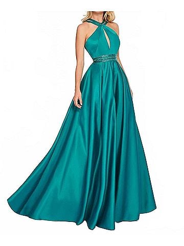 Rachel Allan Matte Satin Halter Neck Prom Gown in Jade (view 2)