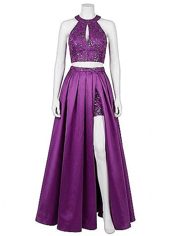 Rachel Allan Matte Satin/Glitter 2-Piece Gown in Deep Violet (view 1)