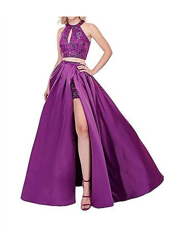 Rachel Allan Matte Satin/Glitter 2-Piece Gown in Deep Violet (view 2)