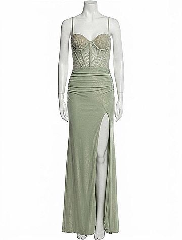 La Femme Beaded Mesh Gown in Sage Green (view 1)