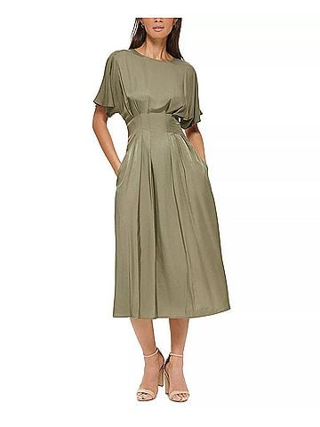 Kensie Satin Blouson Midi Dress in Olive (view 2)