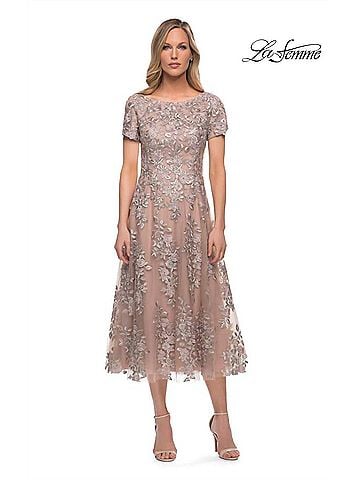 La Femme Tea Length Tulle Dress in Champagne (view 2)