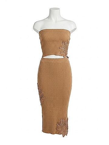 Vintage Havana Crochet Floral Rib Tube Top And Midi Skirt Set in Caramel (view 1)