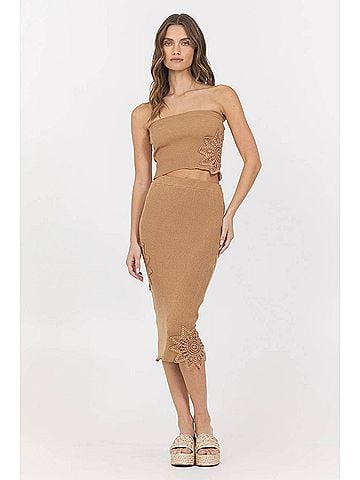 Vintage Havana Crochet Floral Rib Tube Top And Midi Skirt Set in Caramel (view 2)