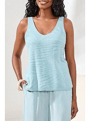 Tribal Combed Cotton Sleeveless V-Neck Sweater in Aqua Sky (view 2)