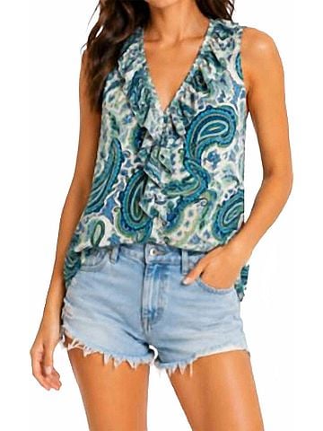 Drew Bree Print Ruffle Tank in Turqouise (view 2)
