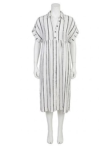 Tribal Soft Linen Button‚ÄëFront Midi Dress in White Black (view 1)