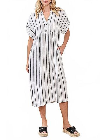 Tribal Soft Linen Button‚ÄëFront Midi Dress in White Black (view 2)
