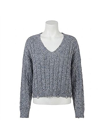 Autumn Cashmere Distressed Cropped Cable V Sweater in Static (view 1)