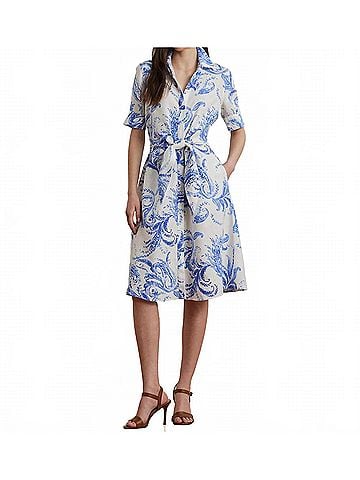 Ralph Lauren Women's Paisley Tie-Front Linen Shirtdress in White/Blue (view 2)