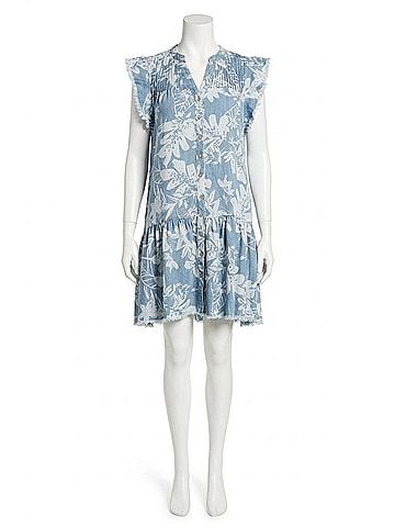 Tribal Ruffle Sleeve Mini Dress in Light Blue (view 1)