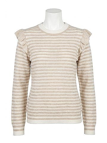 Minnie Rose Striped Crew Sweater With Ruffle in Brown Sugar (view 1)