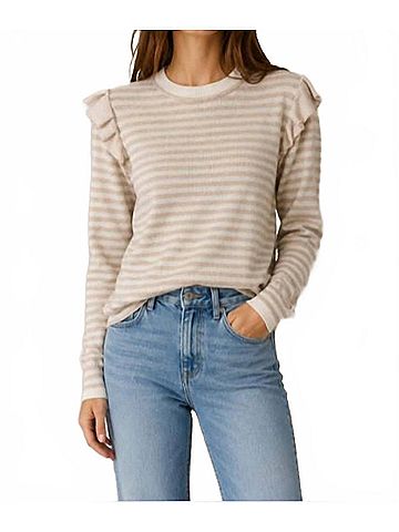 Minnie Rose Striped Crew Sweater With Ruffle in Brown Sugar (view 2)