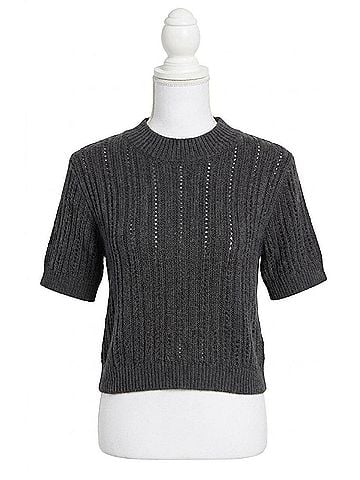 Autumn Cashmere Rib Pointelle Short Sleeve Mock Top in Charcoal (view 1)