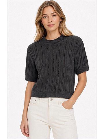 Autumn Cashmere Rib Pointelle Short Sleeve Mock Top in Charcoal (view 2)