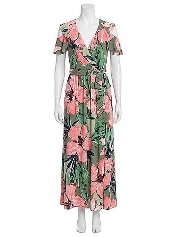 London Times Floral Print Ruffle Cold Shoulder Front Slit Maxi Dress in Green Coral (view 1)